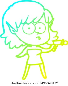 cold gradient line drawing of a cartoon elf girl with ray gun