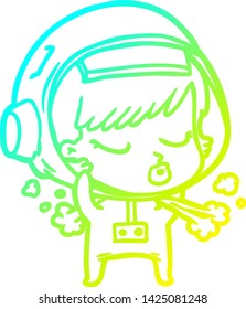 cold gradient line drawing of a cartoon pretty astronaut girl taking off space helmet
