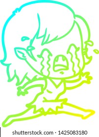 dibujo en línea de gradiente frío de una niña vampiro que llora una caricatura