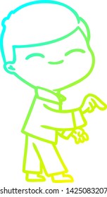 cold gradient line drawing of a cartoon smiling boy pointing