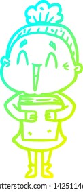 cold gradient line drawing of a cartoon happy old lady