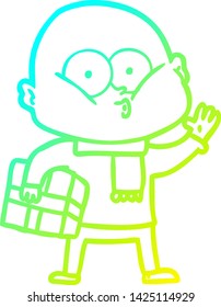 cold gradient line drawing of a cartoon bald man staring