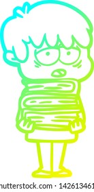 dibujo de línea de gradiente frío de un niño exhausto de caricatura sosteniendo un libro