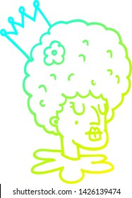 dibujo en línea de gradiente frío de una reina de dibujos animados en maquillaje y peluca gigante
