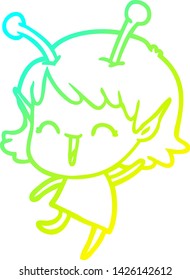 cold gradient line drawing of a cartoon alien girl laughing