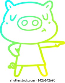 cold gradient line drawing of a cartoon content pig in dress pointing