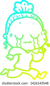 cold gradient line drawing of a cartoon crying old lady