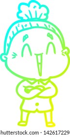 dibujo en línea de gradiente frío de una anciana feliz