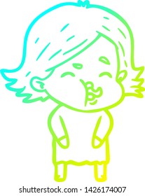 cold gradient line drawing of a cartoon girl pulling face