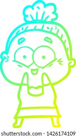 cold gradient line drawing of a cartoon happy old woman