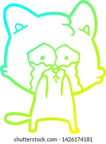 cold gradient line drawing of a cartoon crying cat