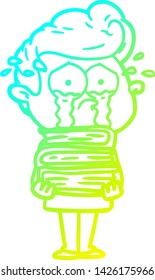 cold gradient line drawing of a cartoon crying student with stack of books