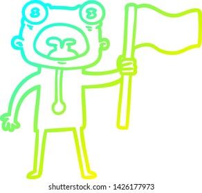dibujo de línea de degradado frío de una caricatura extraño alienígena con bandera