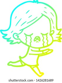 dibujo en línea de gradiente frío de una niña de dibujos animados llorando