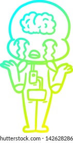 cold gradient line drawing of a cartoon big brain alien crying