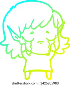dibujo en línea de gradiente frío de una niña elfo llorando