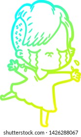 cold gradient line drawing of a cartoon crying girl