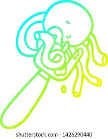 cold gradient line drawing of a cartoon spaghetti and meatballs on fork