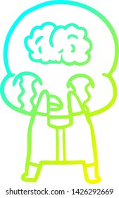 dibujo de línea de gradiente frío de una caricatura de un gran alien del cerebro llorando
