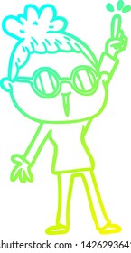 cold gradient line drawing of a cartoon woman wearing spectacles