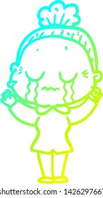 cold gradient line drawing of a cartoon crying old lady
