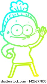 cold gradient line drawing of a cartoon happy old woman