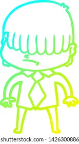 dibujo de una línea de gradiente frío de un niño de dibujos animados con el pelo desordenado