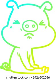 cold gradient line drawing of a cartoon angry pig sat waiting