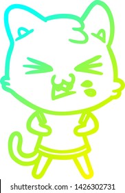 cold gradient line drawing of a cartoon cat hissing