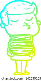 cold gradient line drawing of a cartoon model guy pouting holding books
