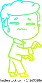 cold gradient line drawing of a cartoon anxious man pointing