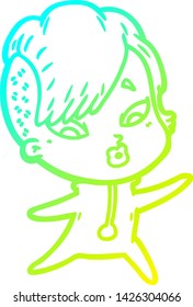 cold gradient line drawing of a cartoon surprised girl in science fiction clothes