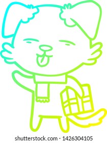 cold gradient line drawing of a cartoon dog with xmas gift