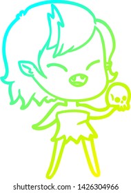 desenho de linha de gradiente frio de um desenho animado rindo vampiro menina com crânio