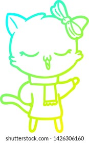 kalte Farbverlauf-Linienzeichnung einer Cartoon-Katze mit Schleife auf Kopf