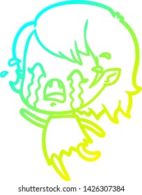 cold gradient line drawing of a cartoon crying vampire girl