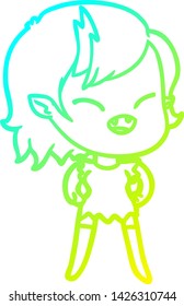 cold gradient line drawing of a cartoon laughing vampire girl