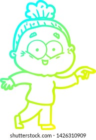 cold gradient line drawing of a cartoon happy old woman