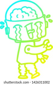 desenho de linha de gradiente frio de um robô de desenho animado chorando