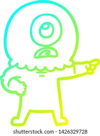 kalte Farbverlauf-Linie Zeichnung einer Cartoon Cyclops außerirdischer Raumflugkörper-Zeigezeiher