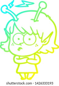 cold gradient line drawing of a cartoon alien girl