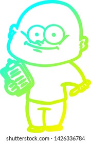 cold gradient line drawing of a cartoon bald man staring