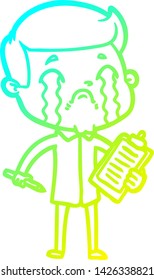 dibujo de una línea de degradado frío de un hombre de dibujos animados llorando