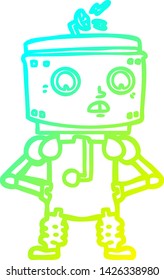 cold gradient line drawing of a cartoon robot with hands on hips