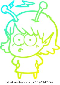 cold gradient line drawing of a cartoon alien girl