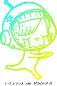 cold gradient line drawing of a cartoon crying astronaut girl