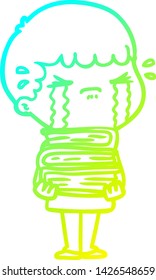 dibujo de una línea de degradado frío de un hombre de dibujos animados llorando