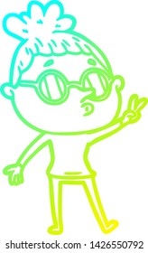 cold gradient line drawing of a cartoon woman wearing glasses