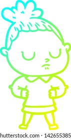 cold gradient line drawing of a cartoon calm woman