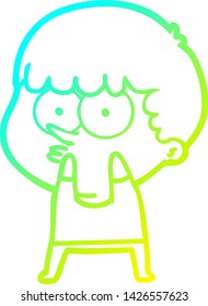 cold gradient line drawing of a cartoon curious boy